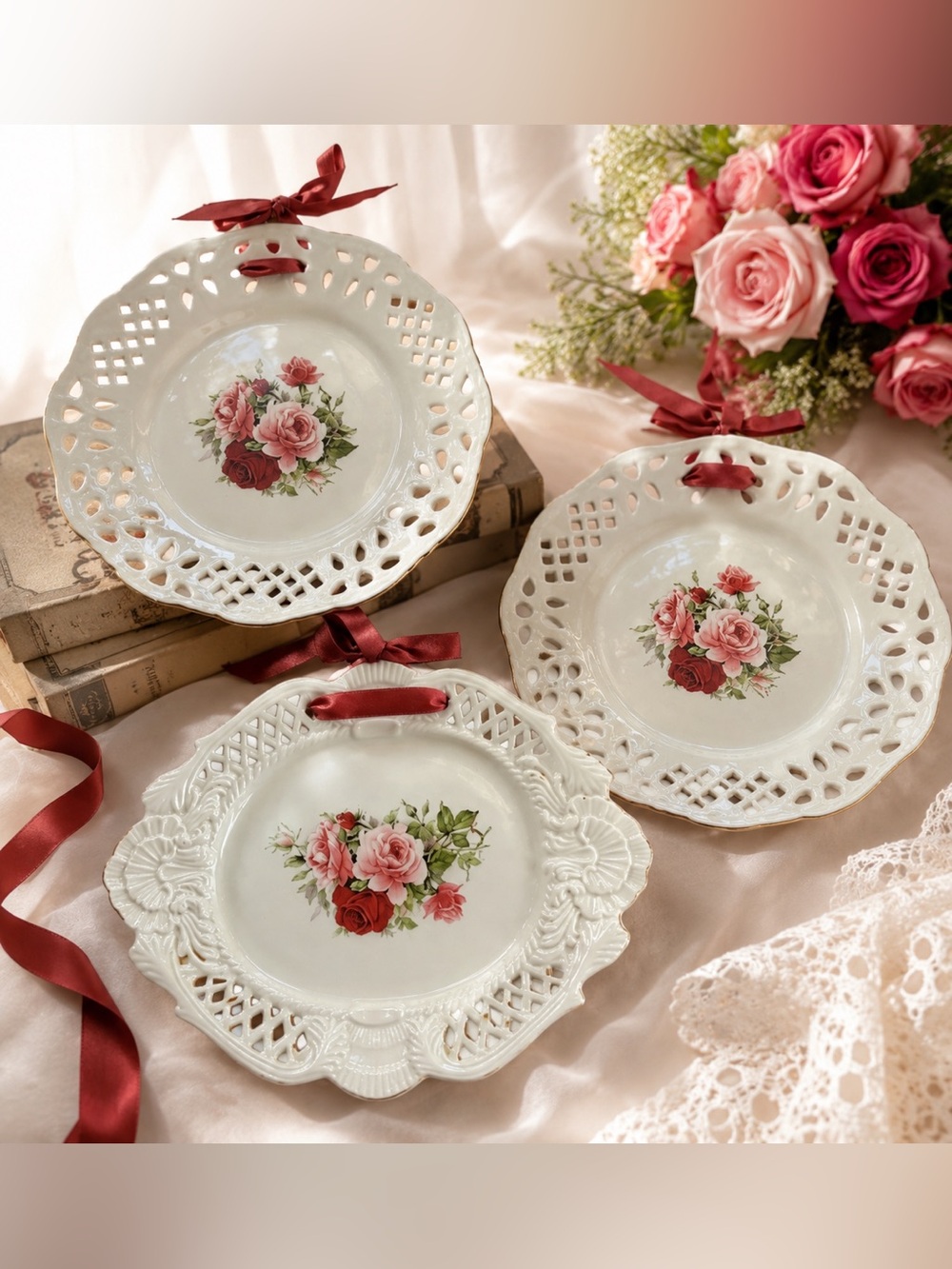 Baum Bros “Amalfi” Porcelain Plate Set – Rose Floral Ribbon Wall Plates Set of 3